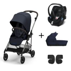 CYBEX Pack Trio Poussette Melio 3 - Châssis Taupe + Nacelle Melio 3 + Aton 5 + Adaptateurs - Ocean Blue