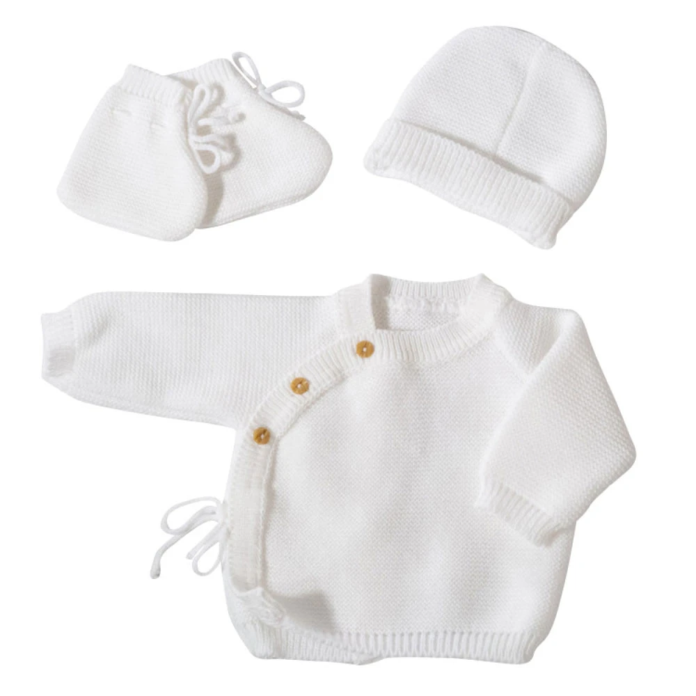 Kit Naissance Bébé Brassière, Bonnet Et Chaussons - Blanc 3 Kit Naissance Bébé Brassière, Bonnet Et Chaussons - Blanc