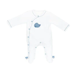 Pyjama Bébé Velours Blanc Blue Baleine Naissance Ouverture Côté