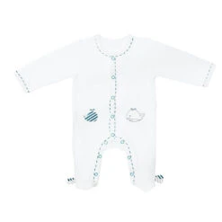 Pyjama Bébé Velours Blanc 1 Mois Ouverture Devant Blue Baleine